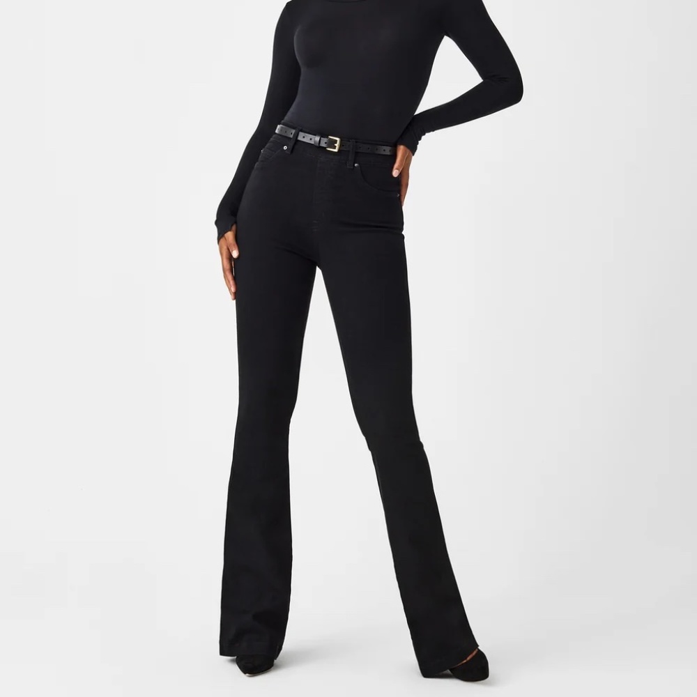 SPANX high rise wide leg pull on jeans size M black fitted flare compression
